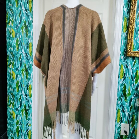 Vince Camuto Boho Brown & Olive Herringbone Striped W/ Fringe Open Front Poncho - Picture 3 of 14